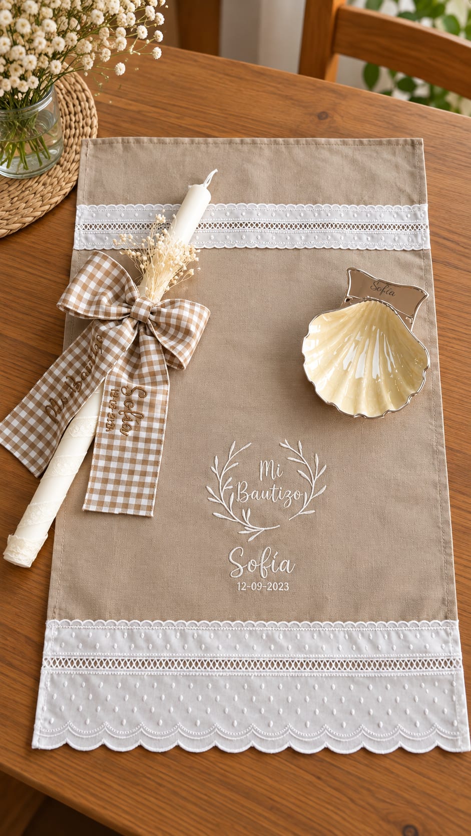 PACK DE PAÑUELO LINO+CONCHA Y VELA